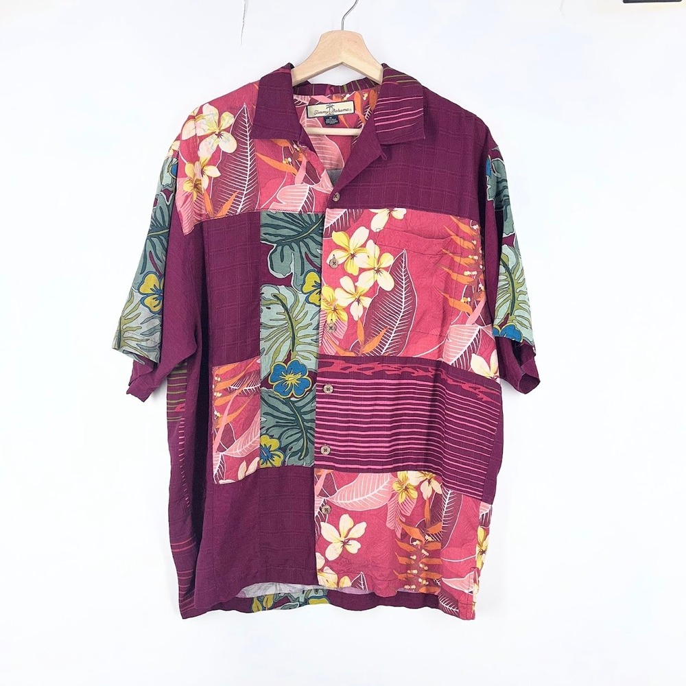 Tommy Bahama Mens Silk Patchwork Tropical Floral Camp Shirt Burgundy Size M